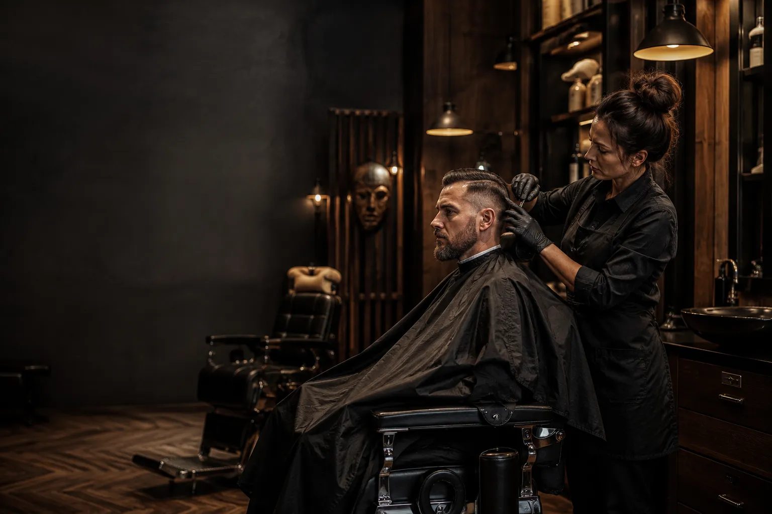 Barberka podczas precyzyjnego strzyżenia klienta w Viking Barber Mysłowice