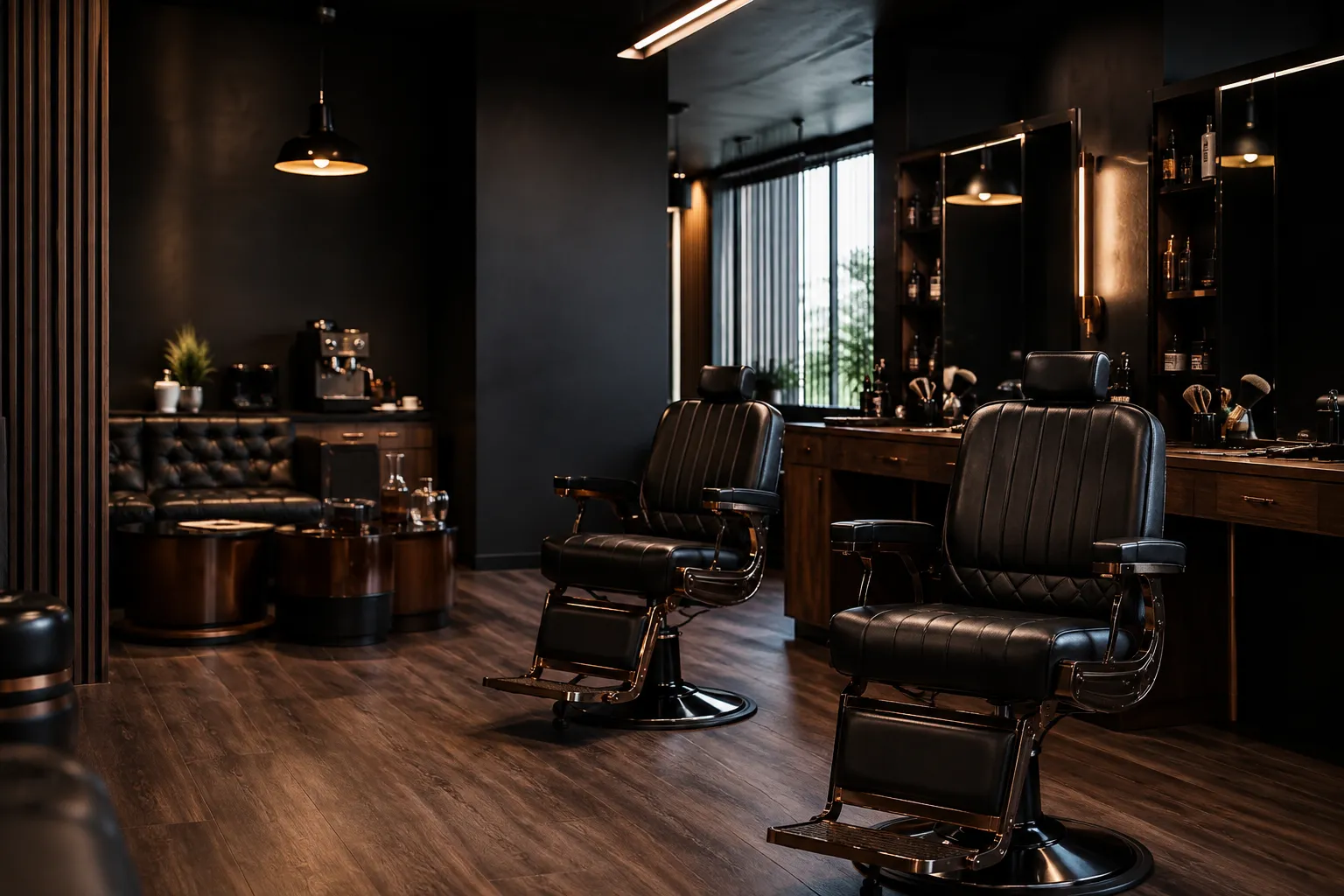 Eleganckie wnętrze Viking Barber ze strefą wypoczynku